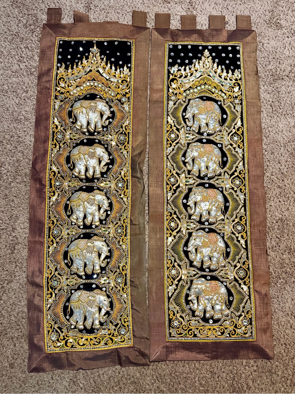 Laotian Embroidered Elephant Curtain Panels Pair – Black Gold Silver Sequin Text
